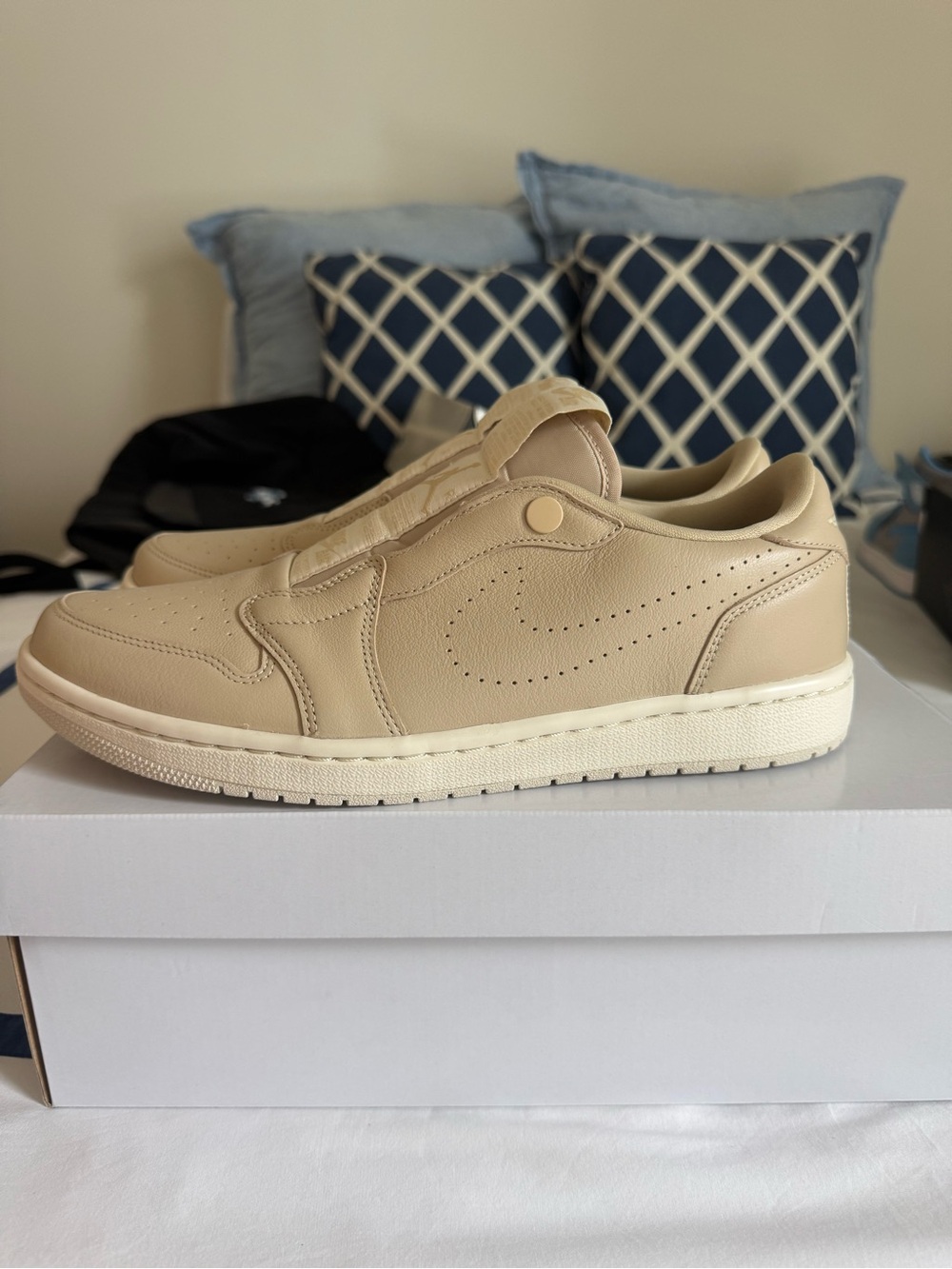 Women’s Jordan 1 Retro Low Beige/Tan Leather Slip-On Sneakers